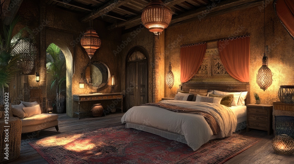 Fototapeta premium A luxurious master bedroom with Dust Sunlight walls, plush bedding, and a cozy rug.