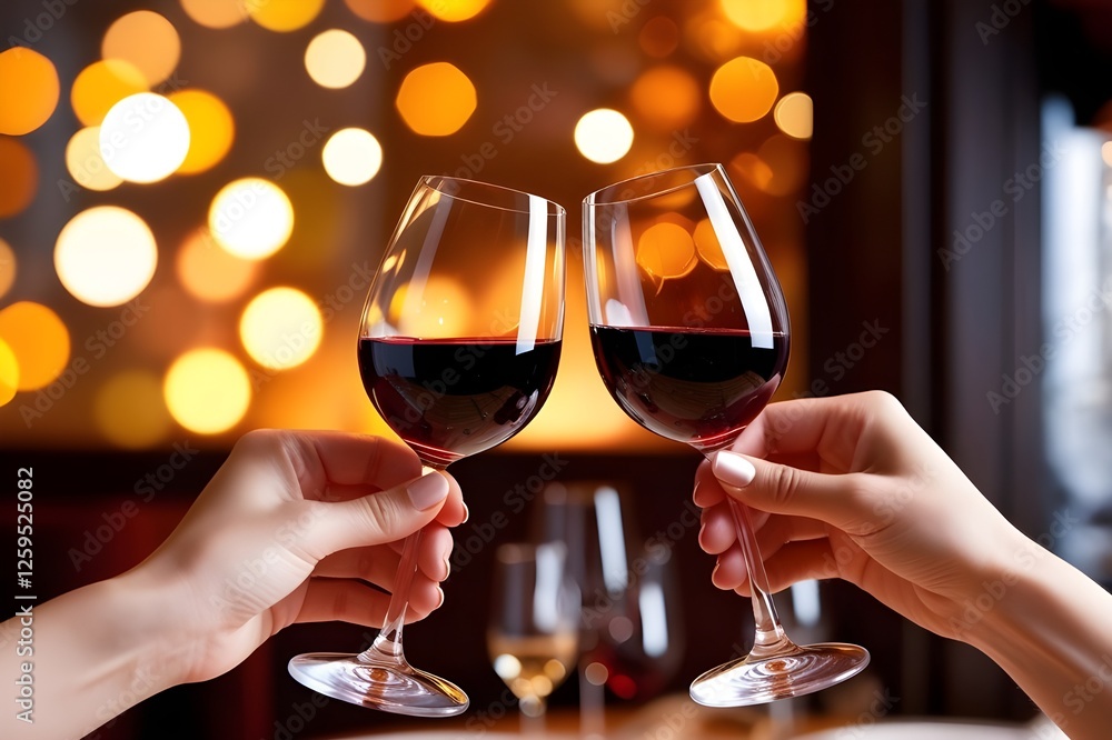 Close-up shot of two hands elegantly holding wine glasses in a celebratory toast Close-up shot of two hands elegantly holding wine glasses in a celebratory toast