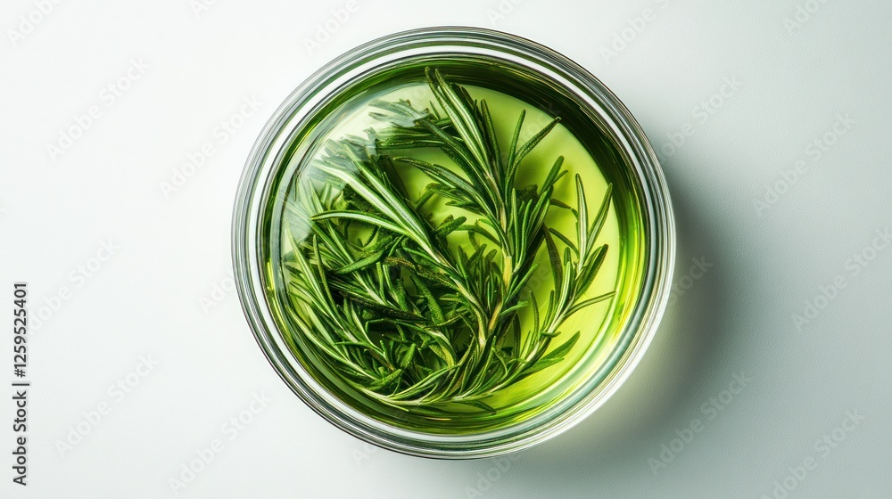 Obraz premium Rosemary infused oil in glass bowl, white background, cooking ingredient