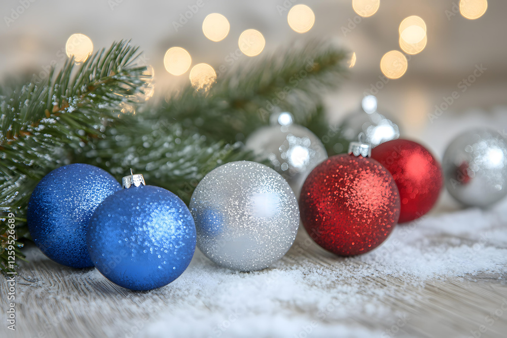 Fototapeta premium Sparkling Christmas Ornaments with Pine Branch and Festive Lights