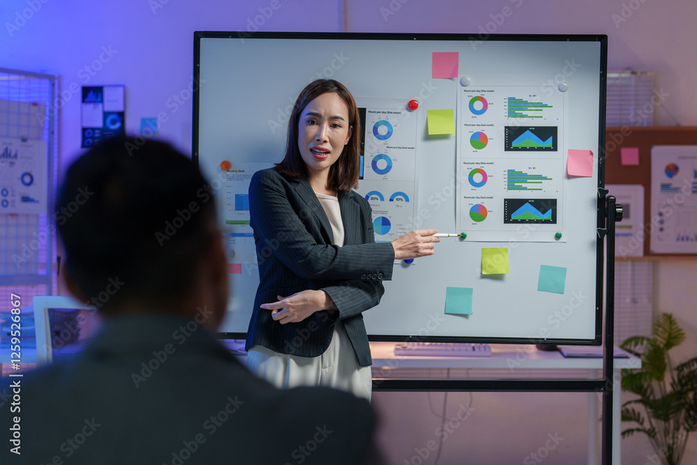 Professional woman presenting data analysis on a whiteboard to colleagues in a modern office setting. Charts and graphs illustrate financial trends and business strategies Professional woman presenting data analysis on a whiteboard to colleagues in a modern office setting. Charts and graphs illustrate financial trends and business strategies