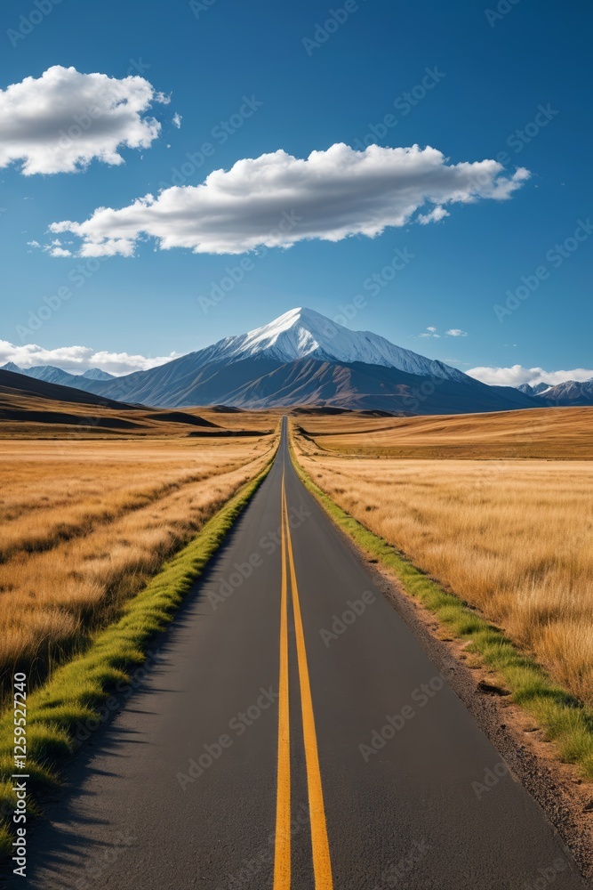 Fototapeta premium arafed road with a mountain in the distance and a yellow line