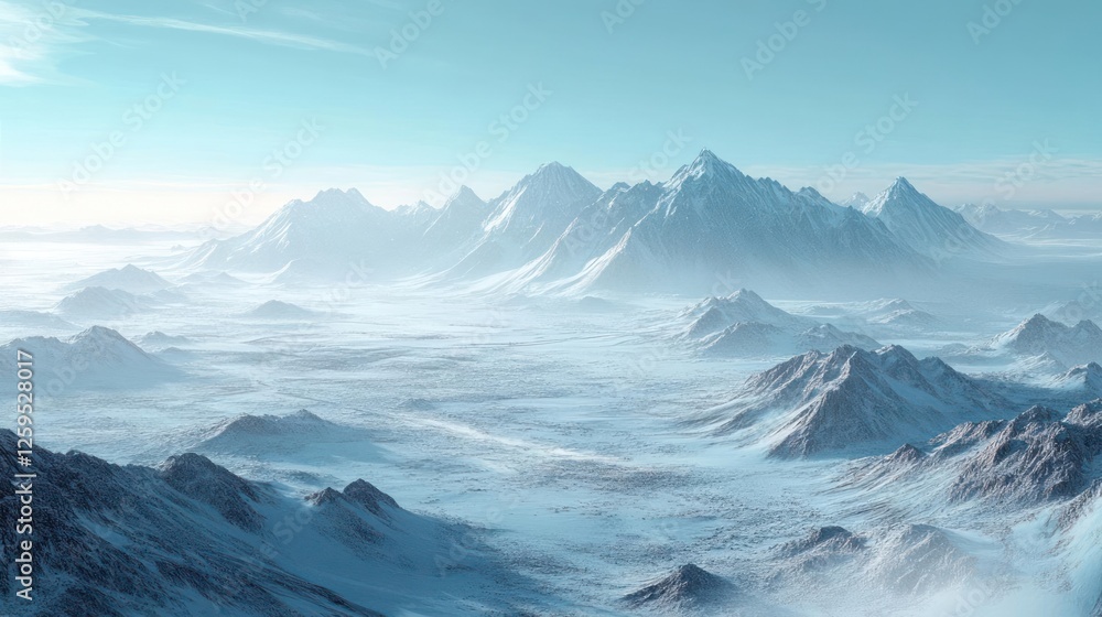 Snowy mountain range with peaks and valleys Snowy mountain range with peaks and valleys