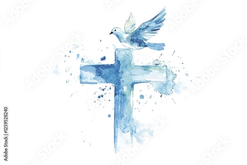 Blue watercolor cross, dove, peace, hope, spiritual, religious art, faith, Easter