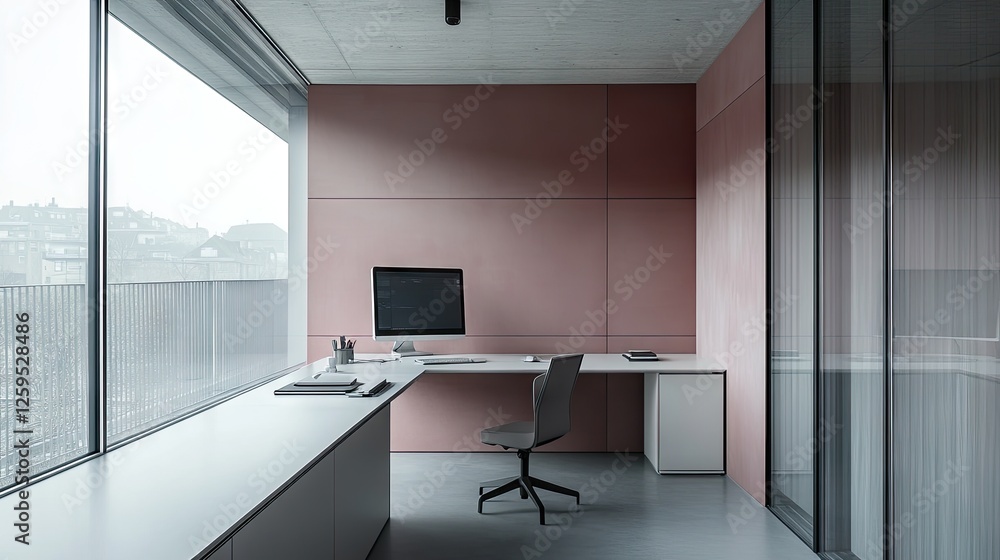Fototapeta premium A minimalist pink workspace with a two-tone pink feature wall and a sleek white desk.