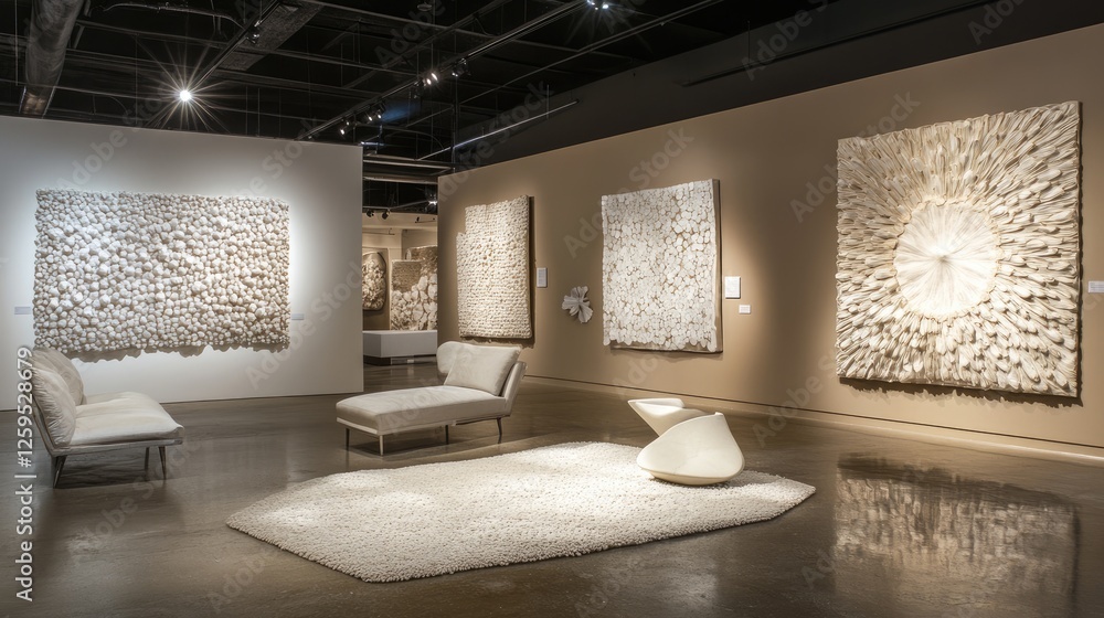 Fototapeta premium A modern art gallery with Dust Sunlight walls and abstract, neutral-colored paintings.