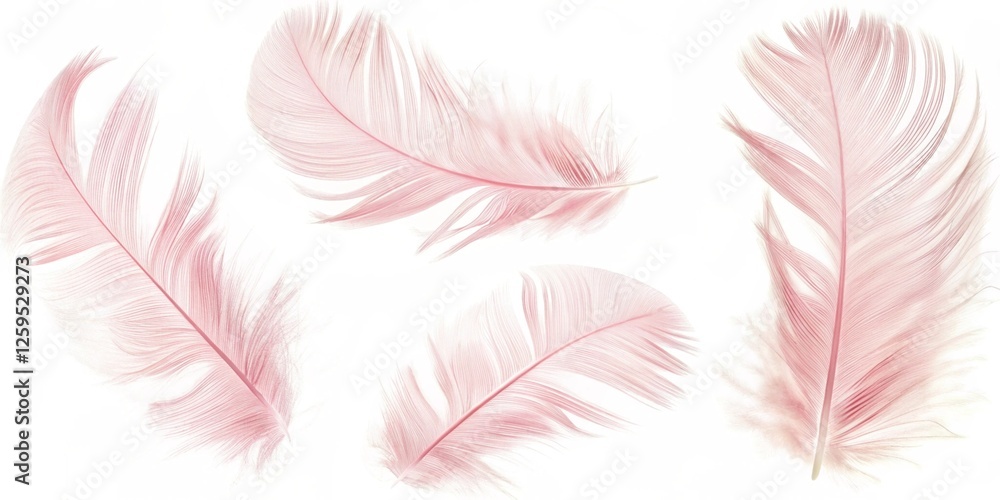 Obraz premium Set of delicate pink feathers on transparent background, soft and gentle theme