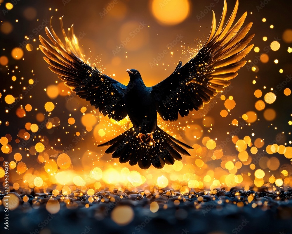 Fototapeta premium Phoenix silhouette with glowing feathers rising from golden flames