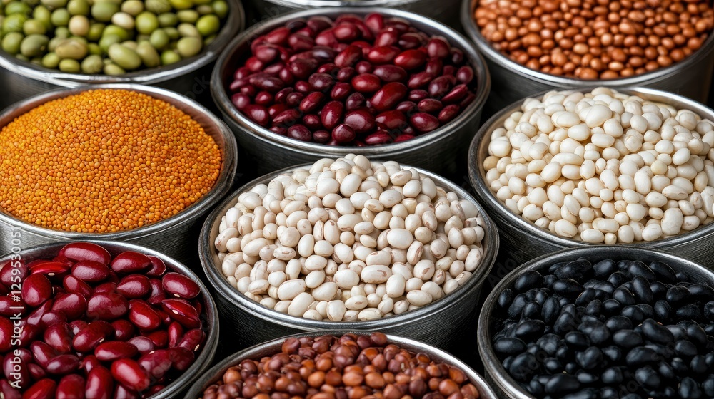 Assortment of Dried Beans and Grains in Metal Bowls Assortment of Dried Beans and Grains in Metal Bowls