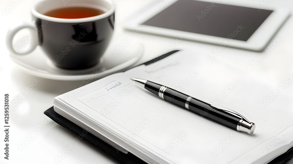 of an open planner with a pen resting on it next to a cup of tea and a digital tablet on a clean desk of an open planner with a pen resting on it next to a cup of tea and a digital tablet on a clean desk