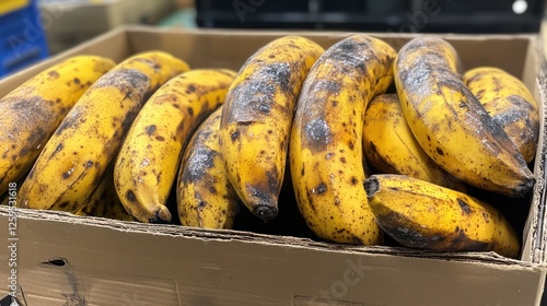 Overripe bananas in warehouse box, spoiled fruit, food waste photo