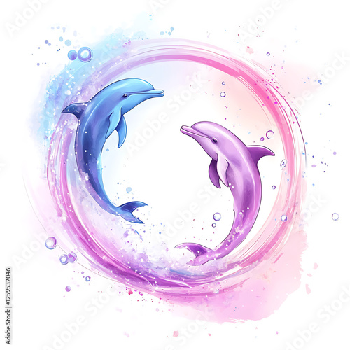 Wallpaper Mural Two Dolphins in a Pastel Watercolor Circle Torontodigital.ca