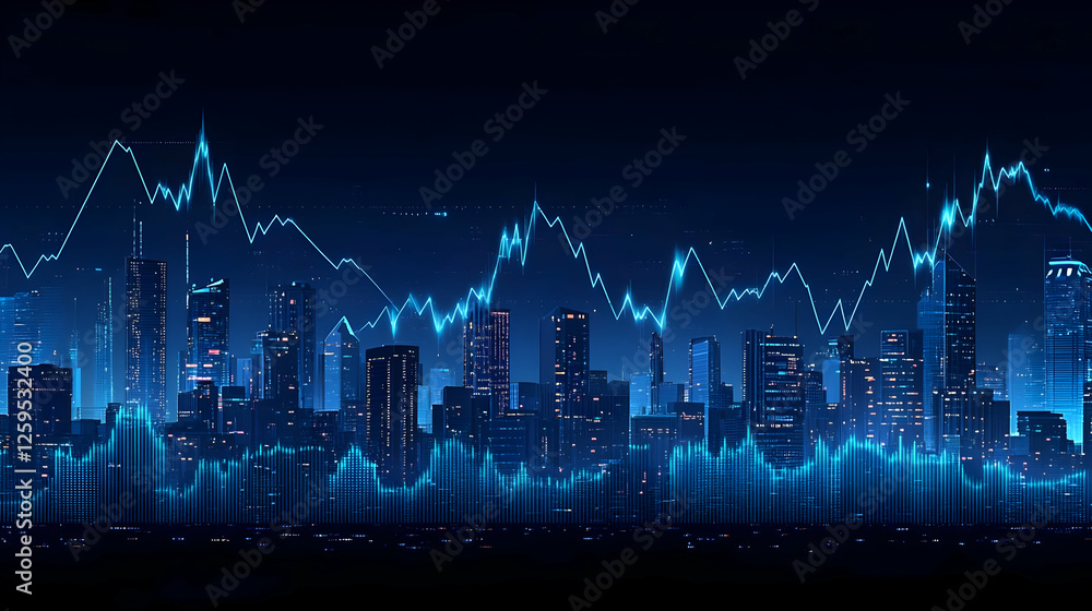 Naklejka premium Night city, stock market graph, financial crisis