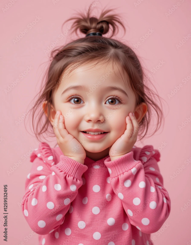 Excited Little Girl with a Pink Sweater and Messy Bun Making a Fun Expression Excited Little Girl with a Pink Sweater and Messy Bun Making a Fun Expression