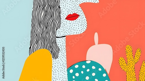 Abstract woman with hair, red lips, and colorful background design photo