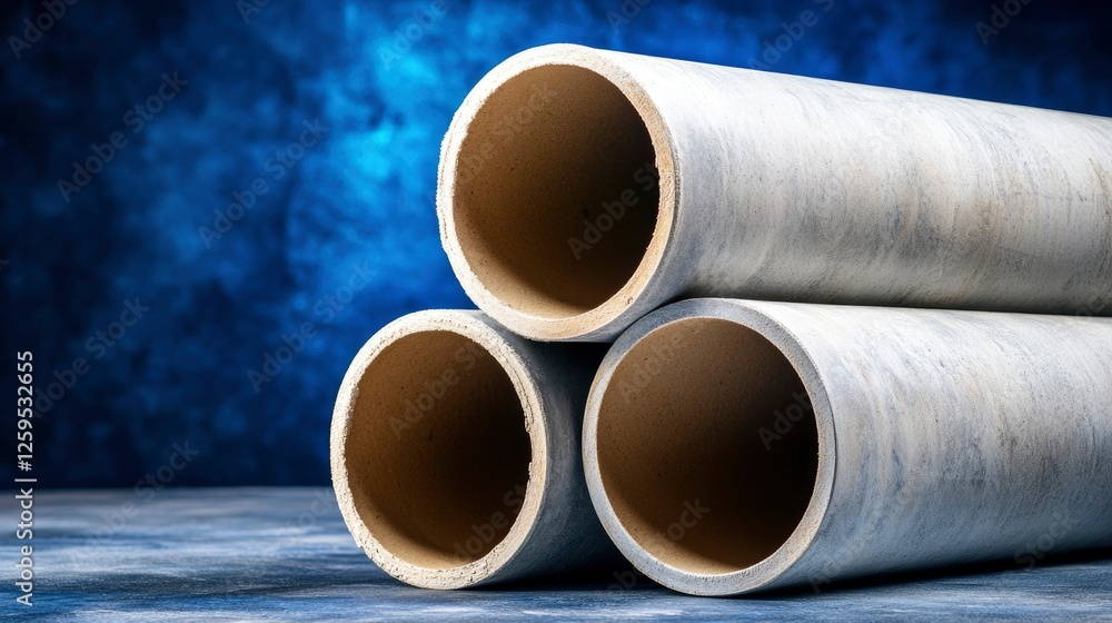 Stack of Concrete Pipes Against a Blue Background Stack of Concrete Pipes Against a Blue Background