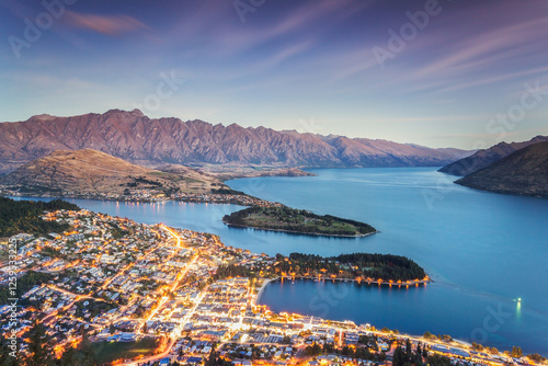 Iconic elevated view of Queenstown and lake at dusk, New Zealand photo