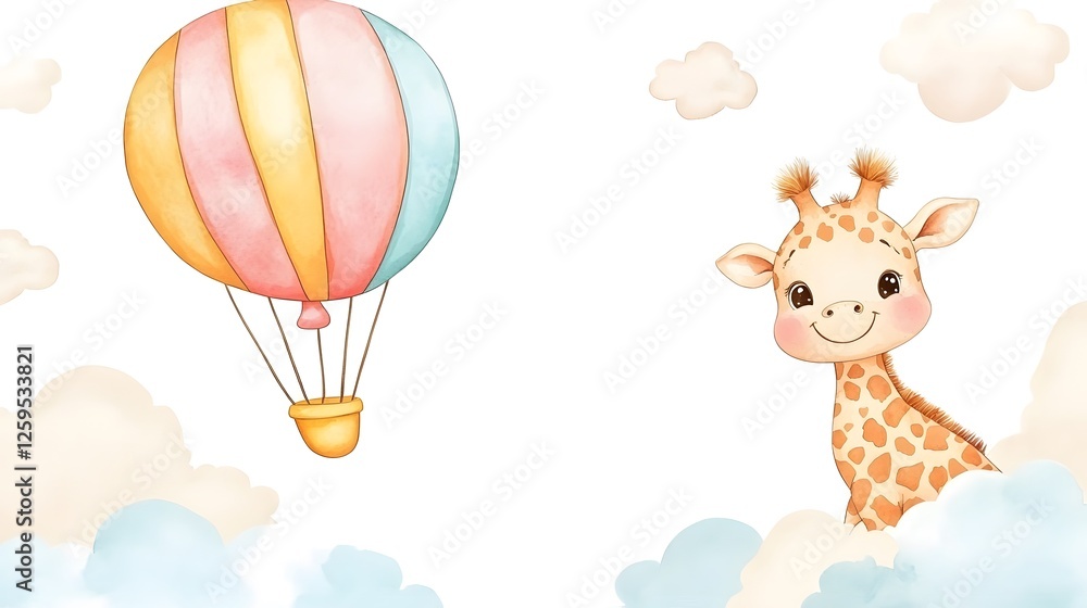 Adorable baby giraffe smiling amidst fluffy clouds with a balloon Adorable baby giraffe smiling amidst fluffy clouds with a balloon