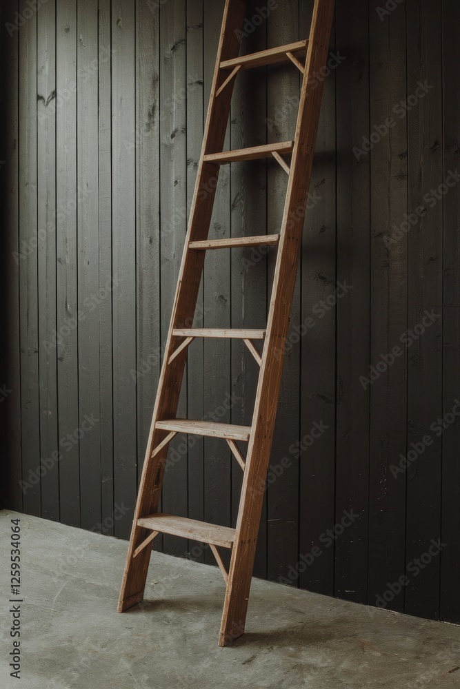 A wooden ladder with six rungs, leaning against a dark, textured wall in a minimalist setting A wooden ladder with six rungs, leaning against a dark, textured wall in a minimalist setting