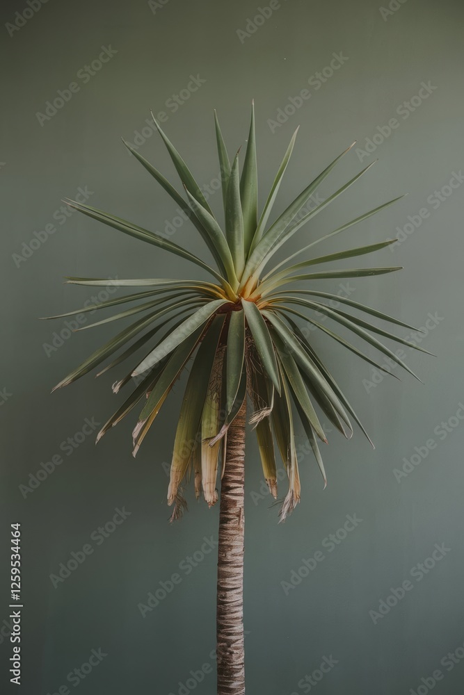 Obraz premium A tall, spiky green plant with a slender trunk, set against a muted green wall, showcasing its unique tropical aesthetic