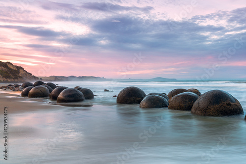 Moeraki boulders at sunset, Otago peninsula, New Zealand