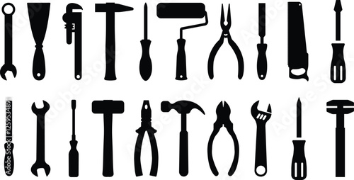 Tool repair and service icon set. Hammer Working Engineering tools in flat icon. Instrument Construction wrench and screwdriver. vector for apps, web isolated on transparent background.