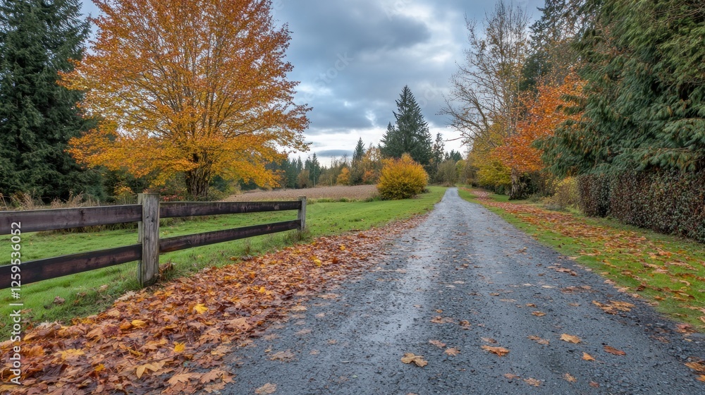 Obraz premium Autumn road, farm, trees, fall leaves, peaceful countryside