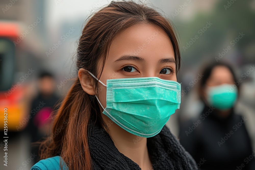 A young woman wearing a green mask stands in a busy urban environment, highlighting health awareness and public safety. A young woman wearing a green mask stands in a busy urban environment, highlighting health awareness and public safety.