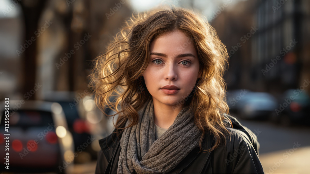 A young woman with wavy brown hair wearing a black coat and a gray scarf standing on a city street. Brown eyes. Teenager. Urban backdrop. A young woman with wavy brown hair wearing a black coat and a gray scarf standing on a city street. Brown eyes. Teenager. Urban backdrop.