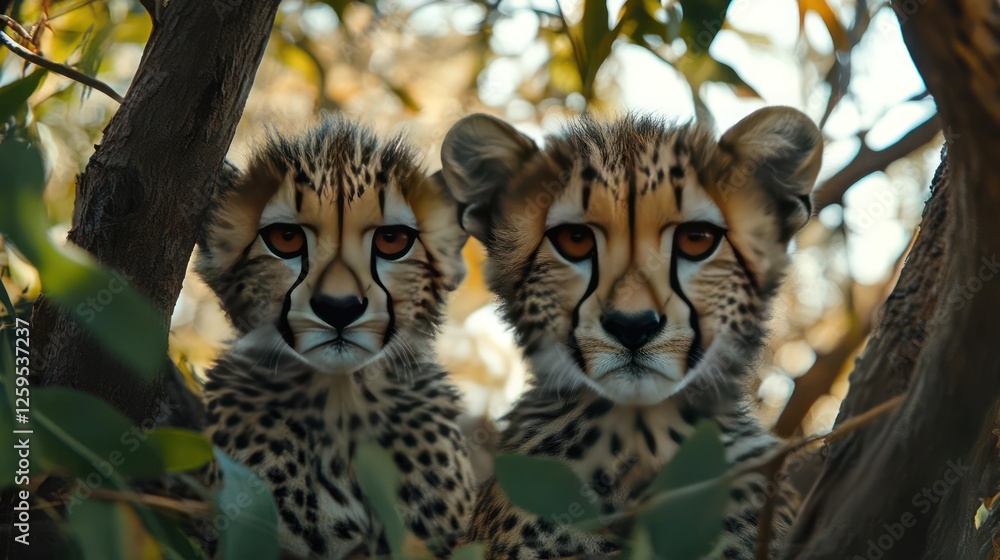 Obraz premium Two Cheetahs Peeking Out From Tree Branches
