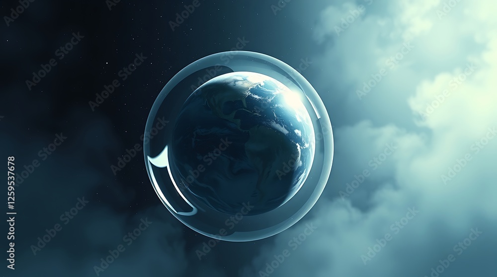 Fototapeta premium Earth Globe Protected in Bubble Shield Against Dark Cloud Background