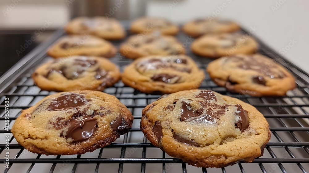 Freshly baked chocolate chip cookies cooling on a wire rack in a cozy kitchen setting Freshly baked chocolate chip cookies cooling on a wire rack in a cozy kitchen setting