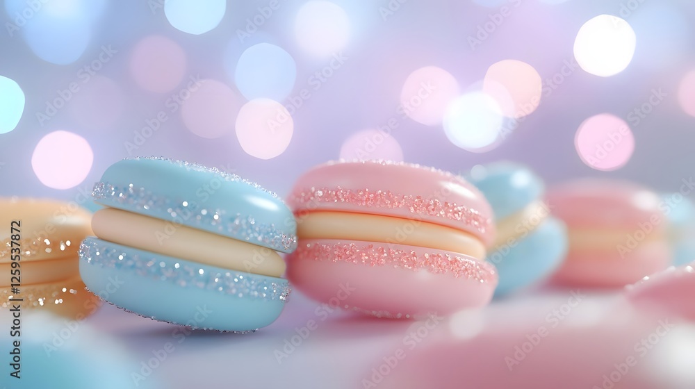 Obraz premium Colorful macarons arranged artistically with a soft bokeh background, evoking a sweet atmosphere