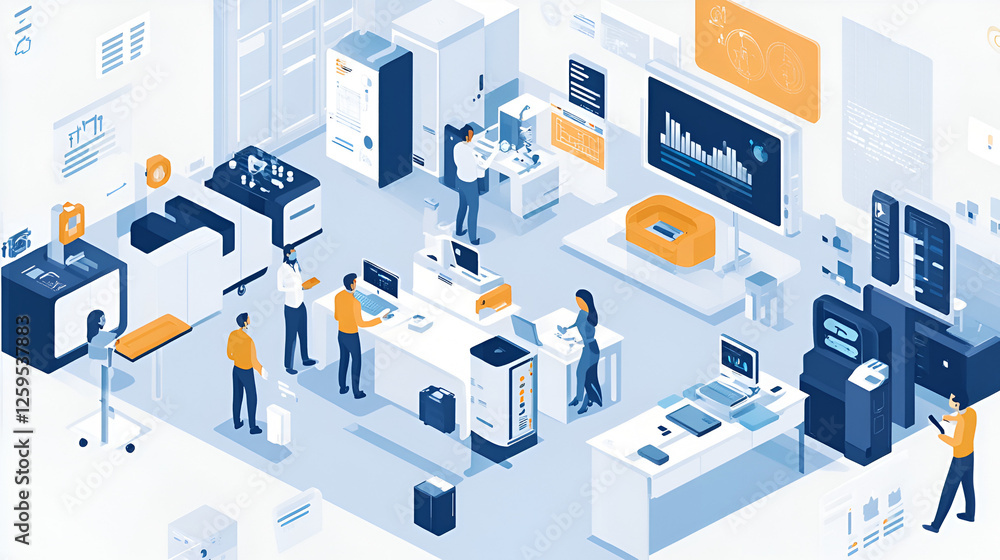 Obraz premium Futuristic Tech Innovation Lab With Professionals, High-Tech Research and Development Facility