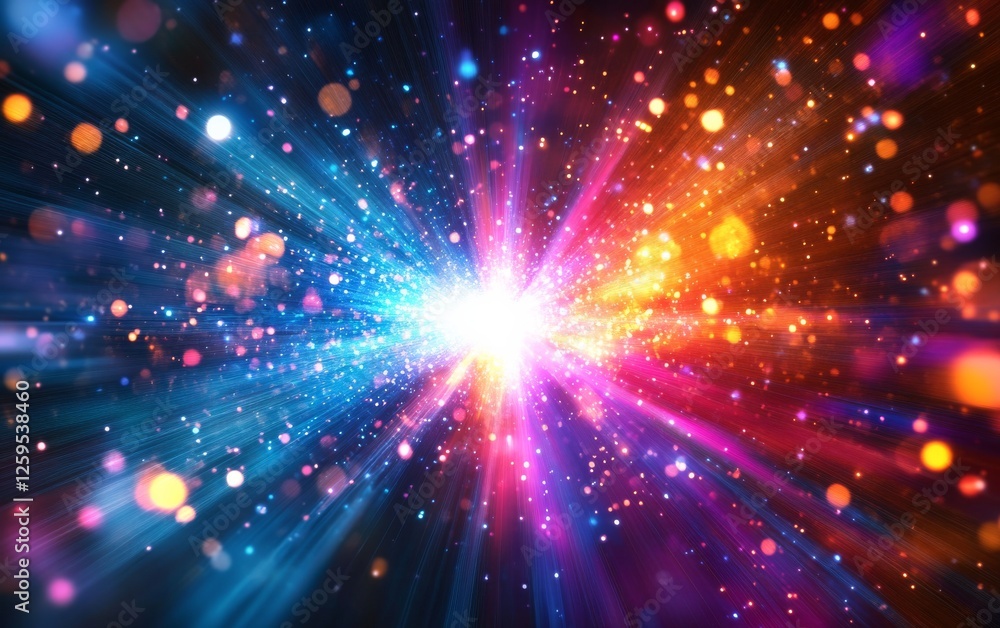 Naklejka premium Abstract cosmic dynamic light bursts background. Featuring cosmic dynamic light bursts with vivid colors. Emphasizing depth and explosive energy. Ideal for space and artistic themes.