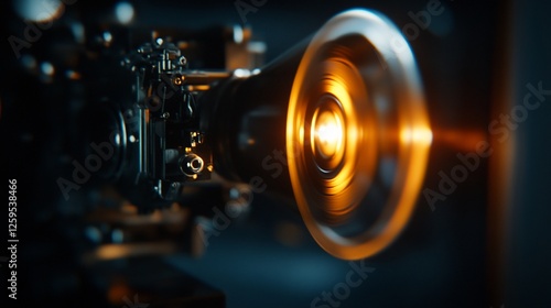 Close-up of a Vintage Film Projector Lens Glowing with Warm Light