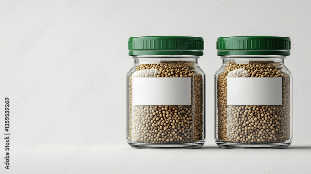Filled glass jars with seeds, showcasing minimalist design. jars have green lids and are perfect for storage or display in kitchen or pantry