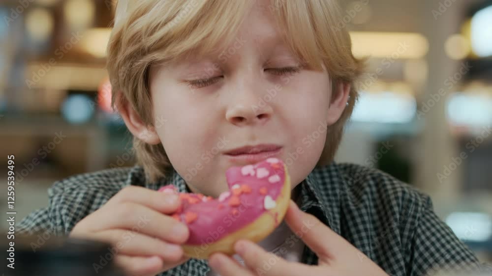 Close up portrait of teenage Caucasian boy eating glazed donut and smiling at camera indoors Close up portrait of teenage Caucasian boy eating glazed donut and smiling at camera indoors