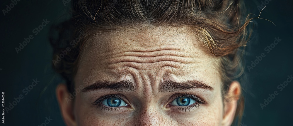 Close-Up Portrait of a Person with Prominent Forehead Wrinkles and Striking Blue Eyes in Natural Light Close-Up Portrait of a Person with Prominent Forehead Wrinkles and Striking Blue Eyes in Natural Light