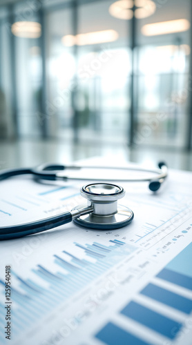 silver stethoscope lies on a medical report filled with graphs and charts