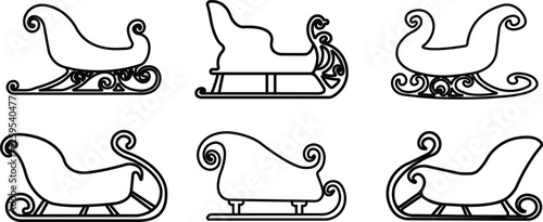 Santa Claus sleigh icon in line set. isolated on transparent background. Christmas postcard sleigh silhouette. Symbols for the Winter holiday. sleigh pulled by reindeers. vector for apps, website