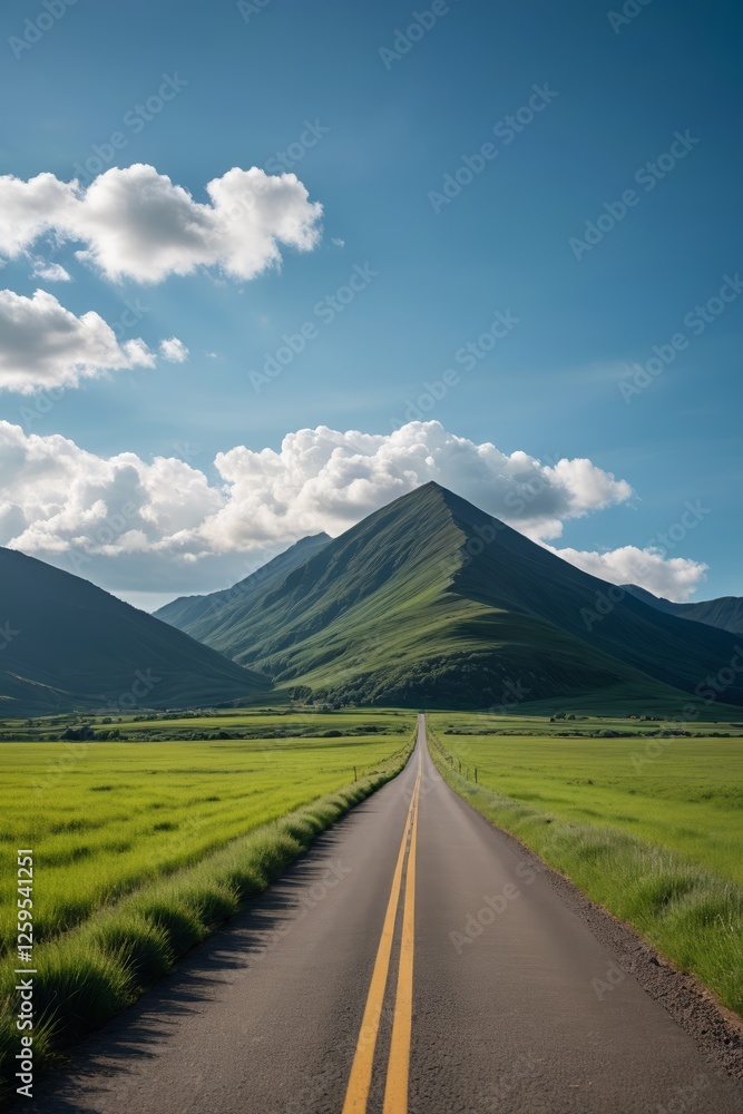 Fototapeta premium arafed road with a yellow line going through a green field