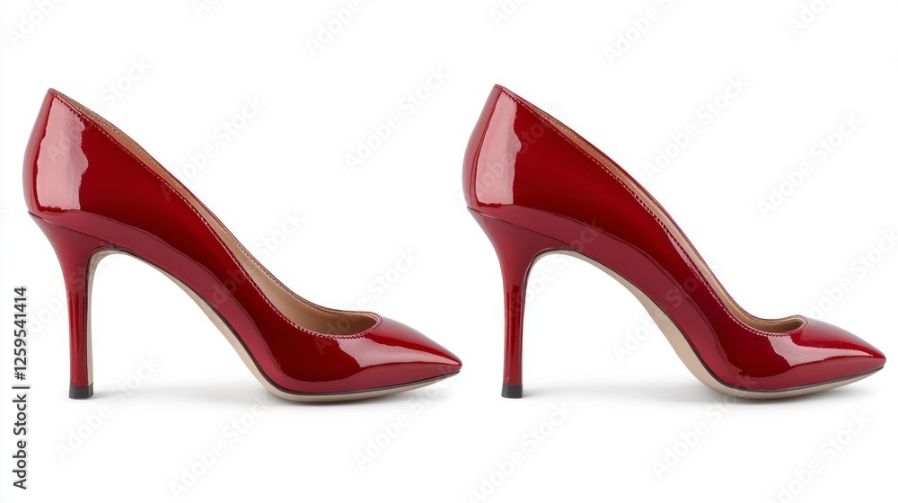Red high heels isolated on white background, front and back view. Shiny glossy red stilettos with pointy toes, side by side. Red high heels isolated on white background, front and back view. Shiny glossy red stilettos with pointy toes, side by side.