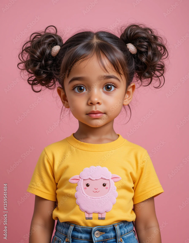 Smiling Little Girl with Curly Hair in a Yellow T-Shirt Standing Confidently Smiling Little Girl with Curly Hair in a Yellow T-Shirt Standing Confidently