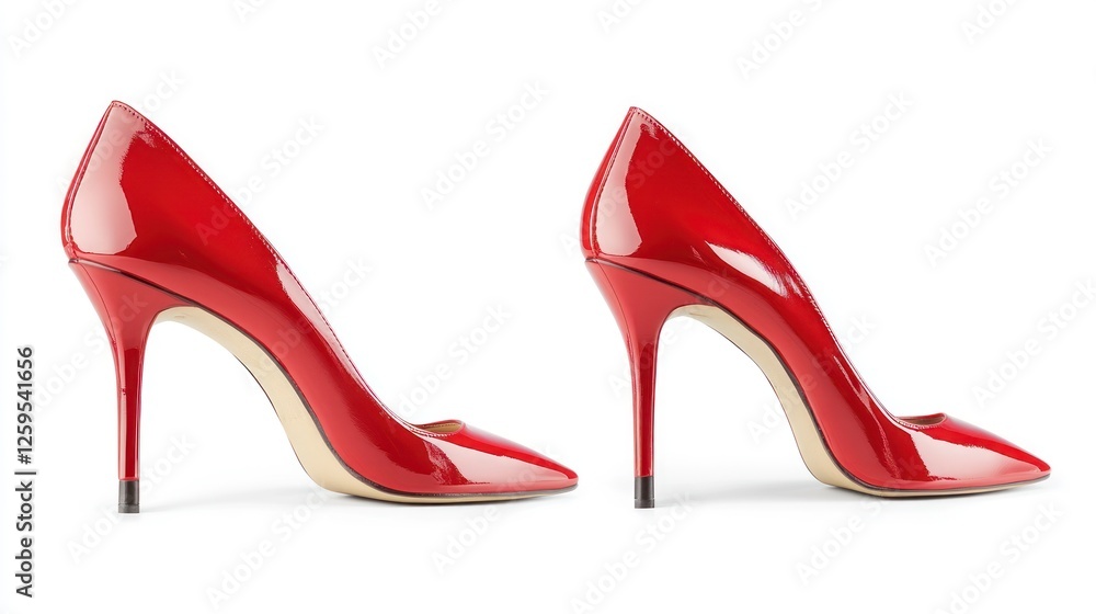 Red high heels isolated on white background, front and back view. Shiny glossy red stilettos with pointy toes, side by side. Red high heels isolated on white background, front and back view. Shiny glossy red stilettos with pointy toes, side by side.