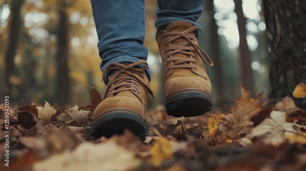 Close-up of a woman's feet walking in an autumn forest, wearing jeans and brown shoes with a leaf on the ground. Closeup view of a girl engaging in an outdoor activity Close-up of a woman's feet walking in an autumn forest, wearing jeans and brown shoes with a leaf on the ground. Closeup view of a girl engaging in an outdoor activity