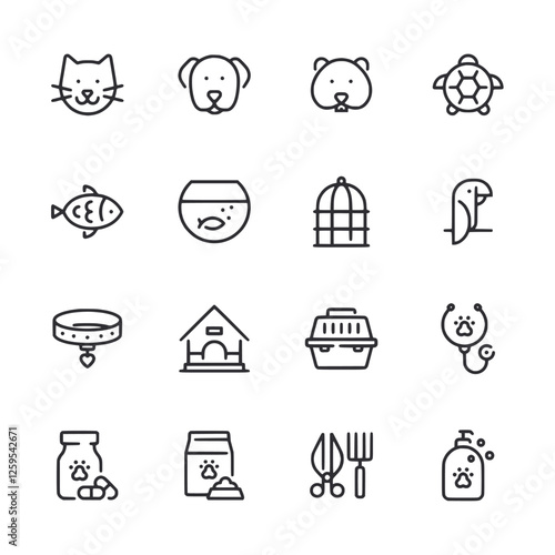 A set of black and white icons for pets and pet supplies