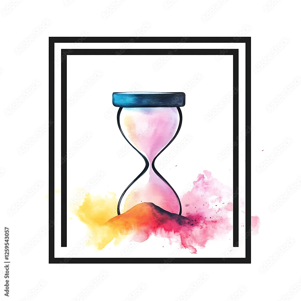 Fototapeta premium Watercolor Hourglass with Colorful Sand in Black Frame