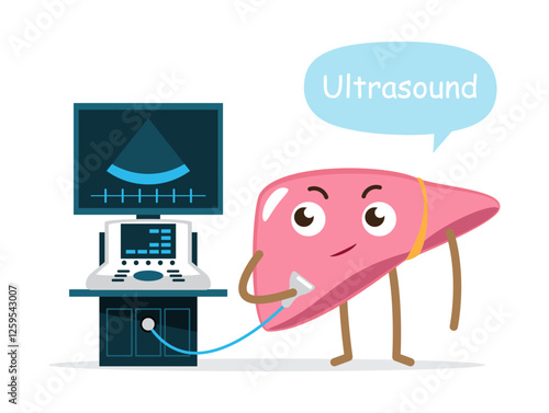 Liver and ultrasonography machine, Cute medical cartoon character, Liver check-up concept, Vector .