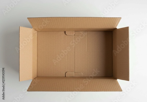 With its open flaps and empty interior, this corrugated cardboard box is shown from above against a plain background, ready for packaging or storage concepts.